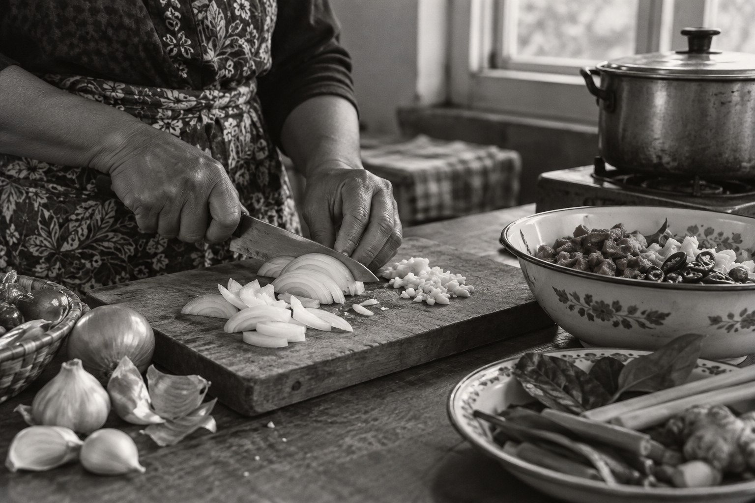 Handen snijden ui en knoflook tijdens het koken