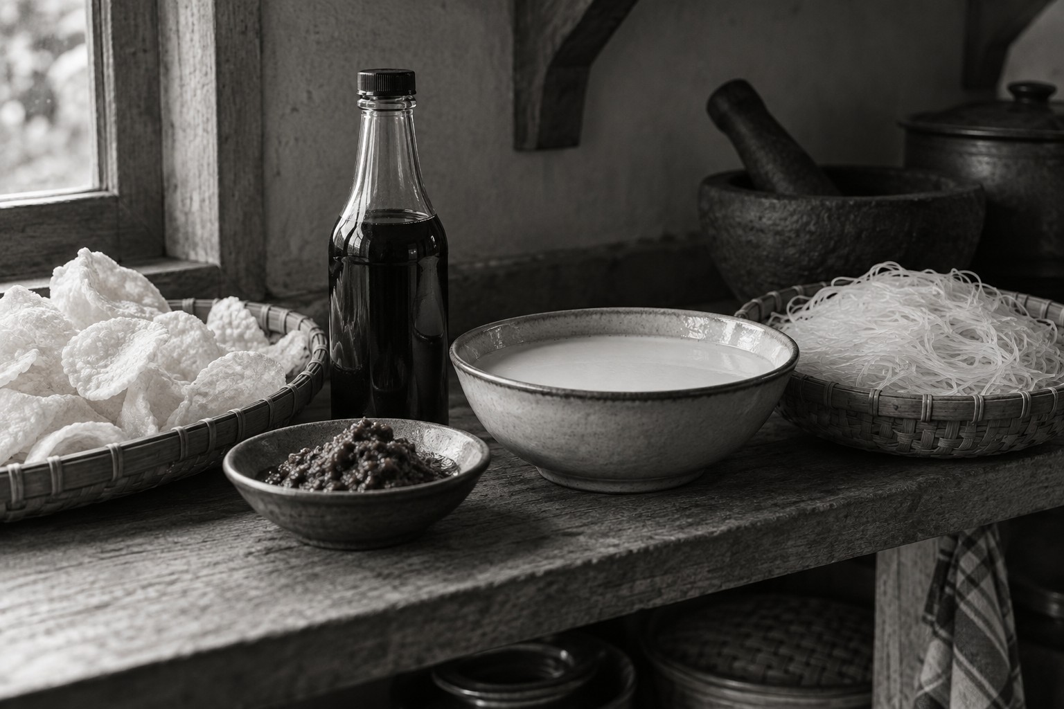 Ketjap, kokosmelk, kroepoek, vermicelli en kruidenpasta