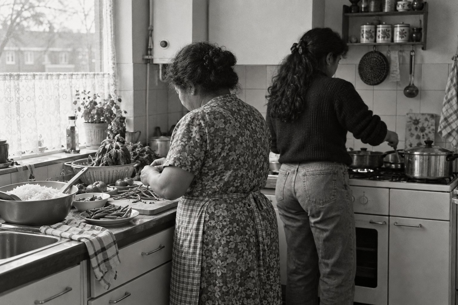 Twee generaties koken samen in een keuken