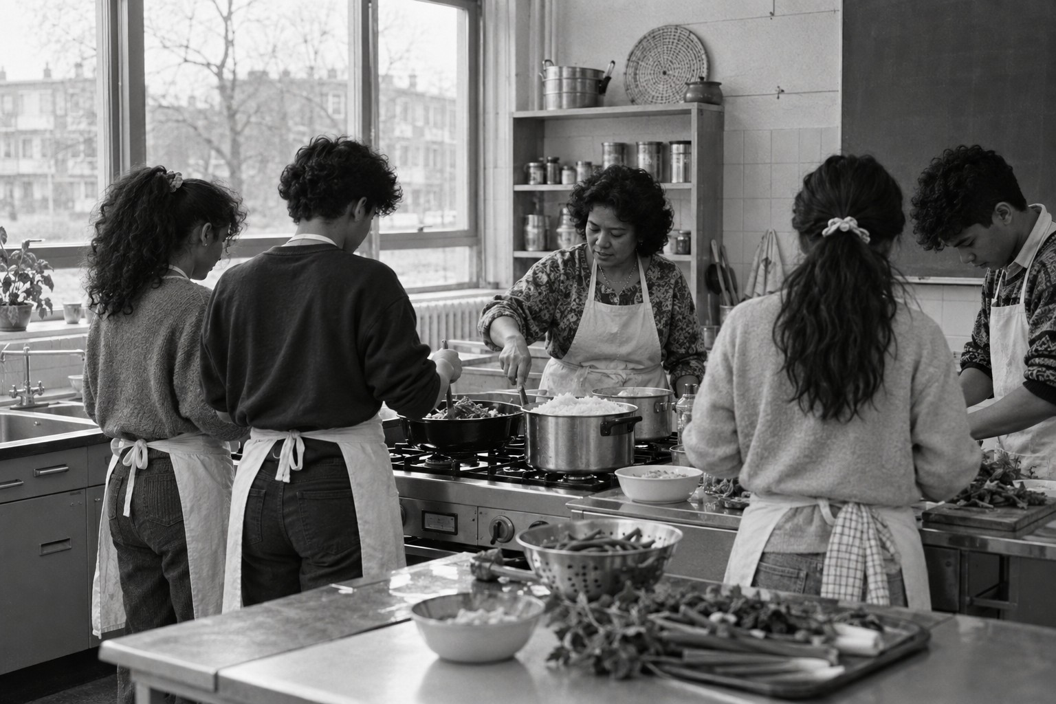 Leerlingen koken samen met een docent in een leskeuken