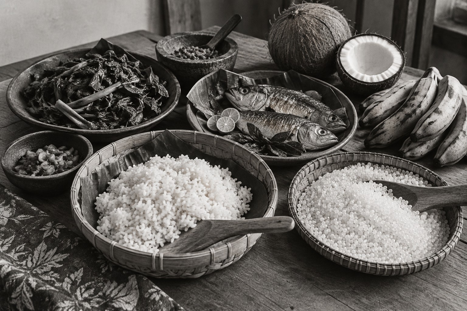 Rijst, sago, vis, groenten, kokos en banaan op tafel