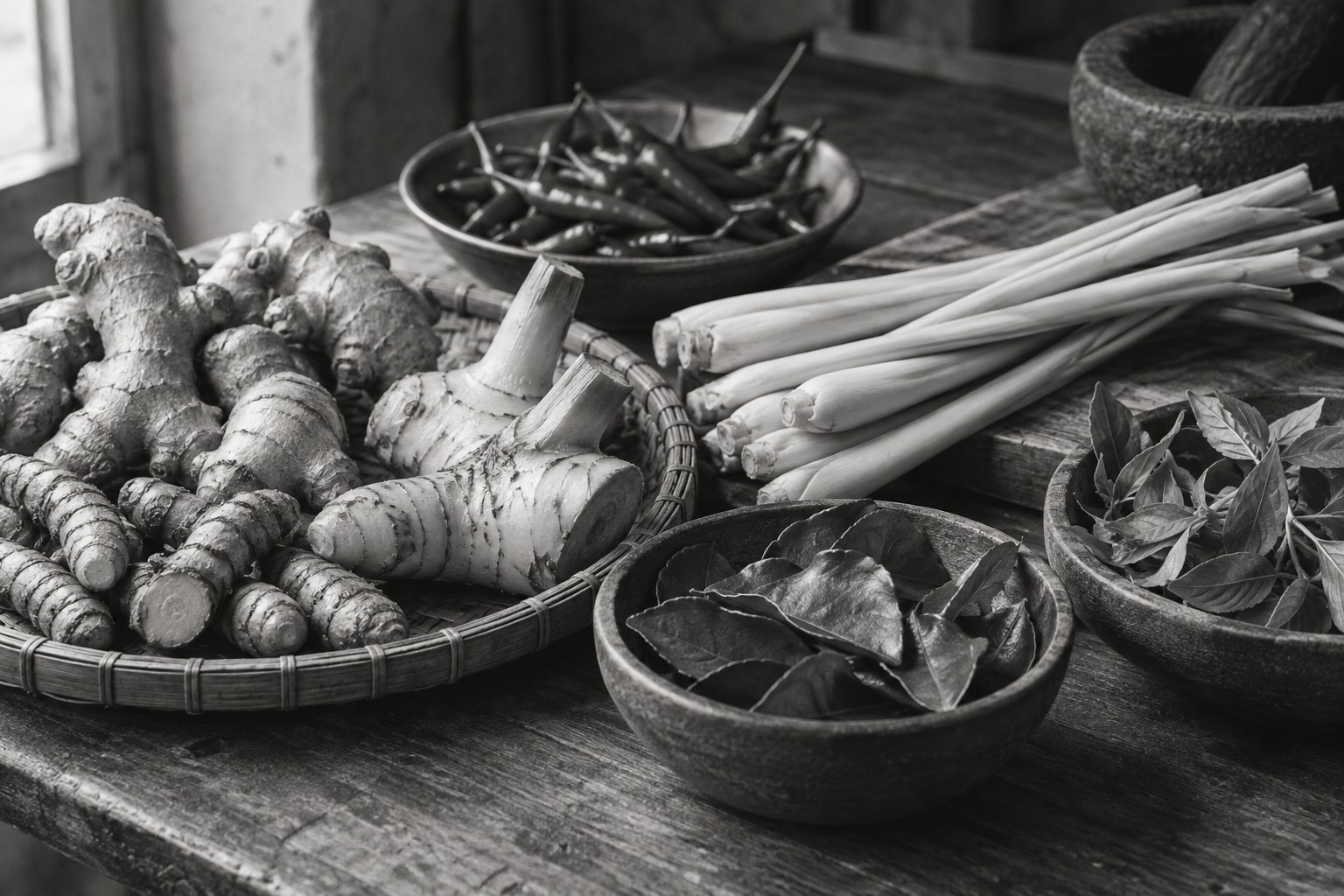Wortelkruiden, sereh, pepers en aromatische bladeren