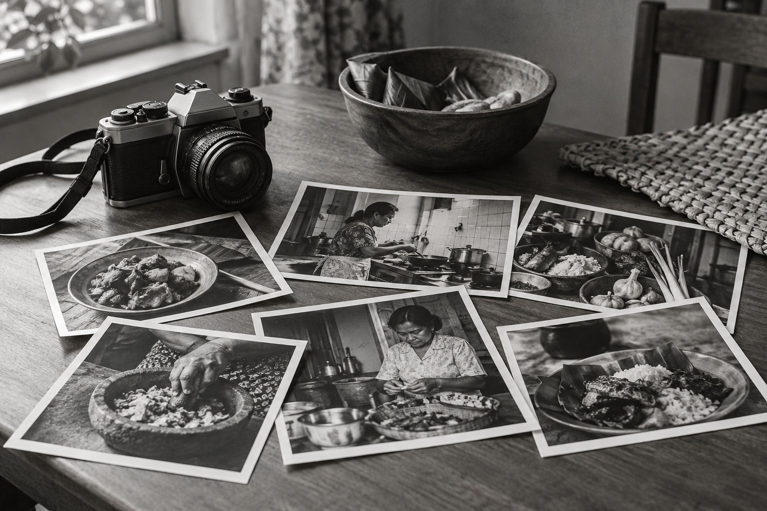 Analoge camera naast zwart-witfoto’s van koken