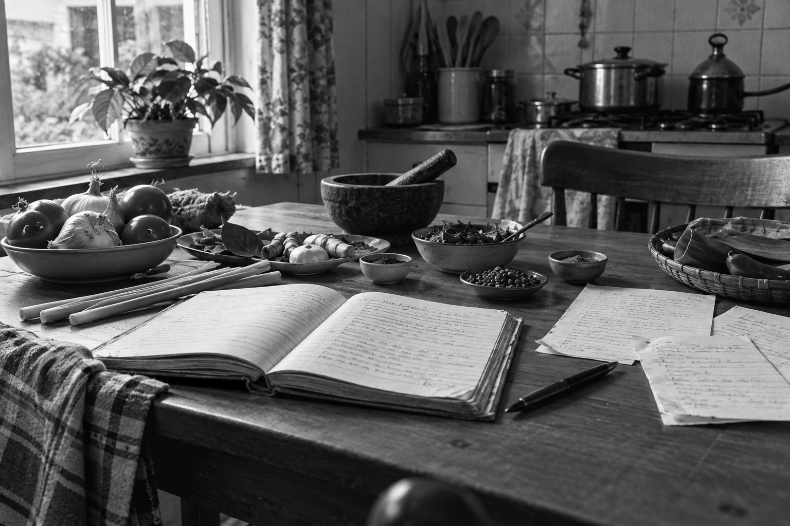 Receptenschrift en ingrediënten op een keukentafel